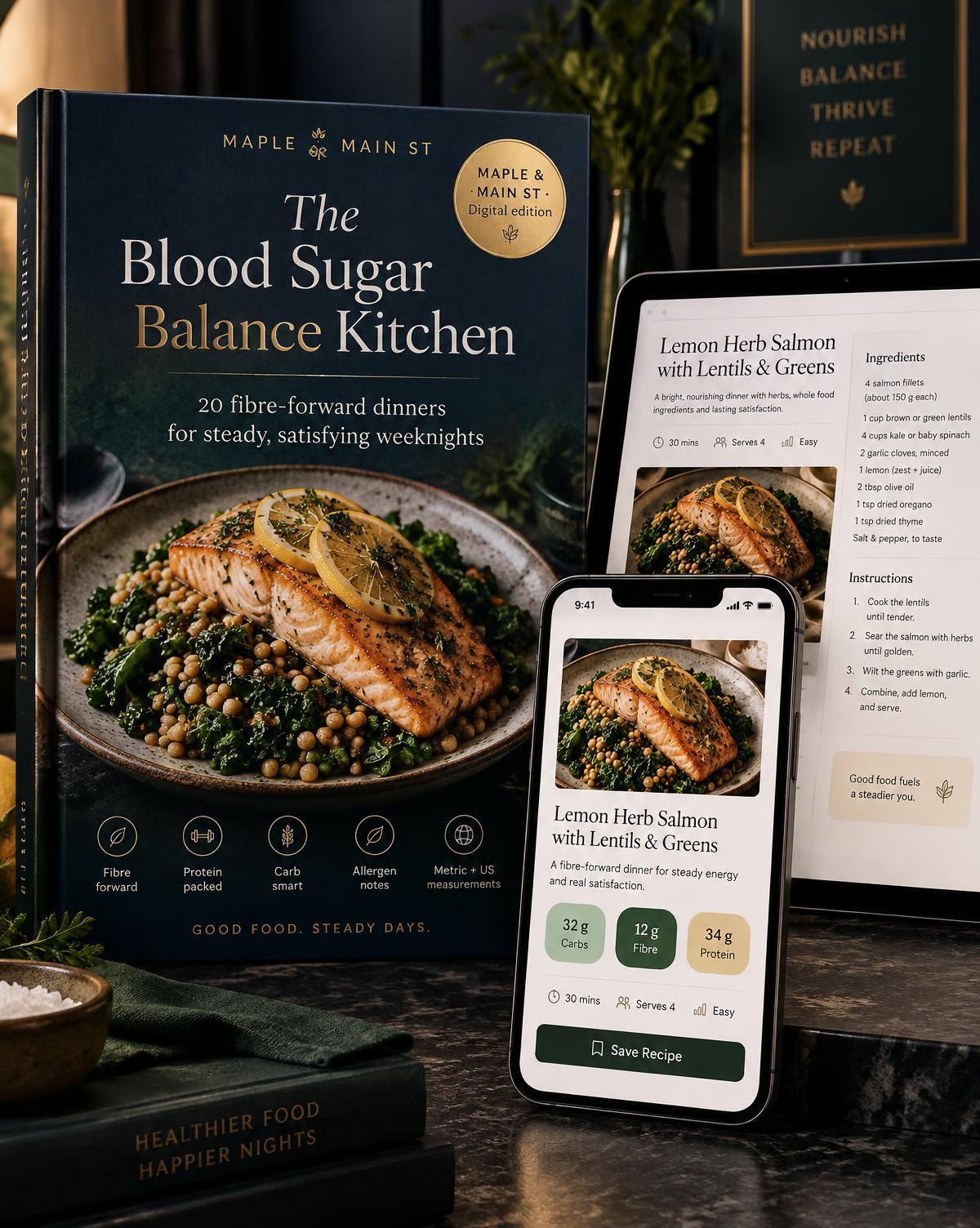 Midnight edition of The Blood Sugar Balance Kitchen with tablet and phone