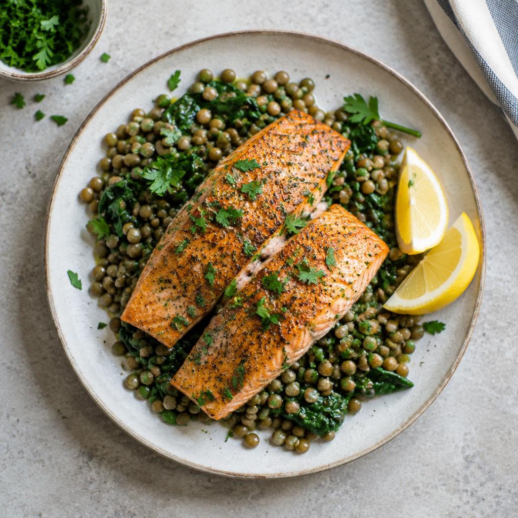Lemon-Herb Salmon with Lentils & Greens