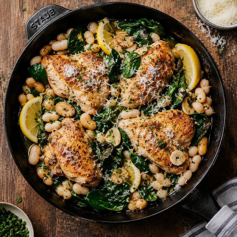 Garlic Chicken, White Bean & Spinach Skillet